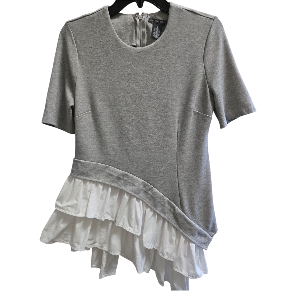 Chelsea28 Gray and White Ruffle Blouse
